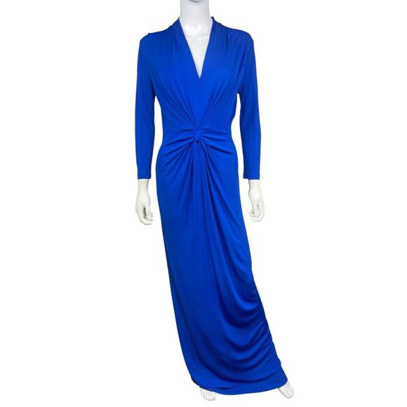 Shoshanna Midnight Women's M Blue Slinky Maxi Vneck Evening Gathered Dress EUC - Picture 1 of 5